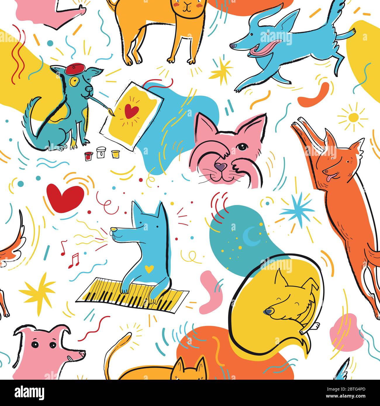 Motif vectoriel sans couture avec chats et chiens de couleur mignons dans différentes poses et émotions Illustration de Vecteur