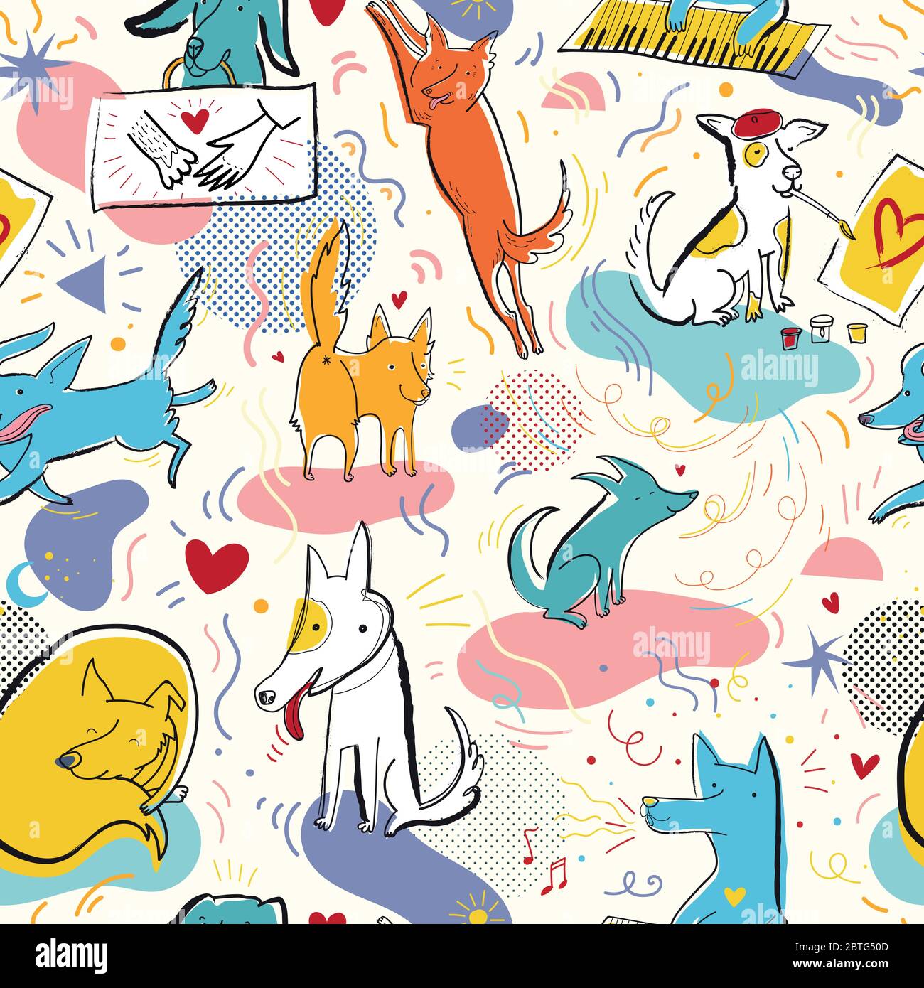 Motif vectoriel sans couture avec chiens drôles de style memphis avec effet raster. Illustration de Vecteur
