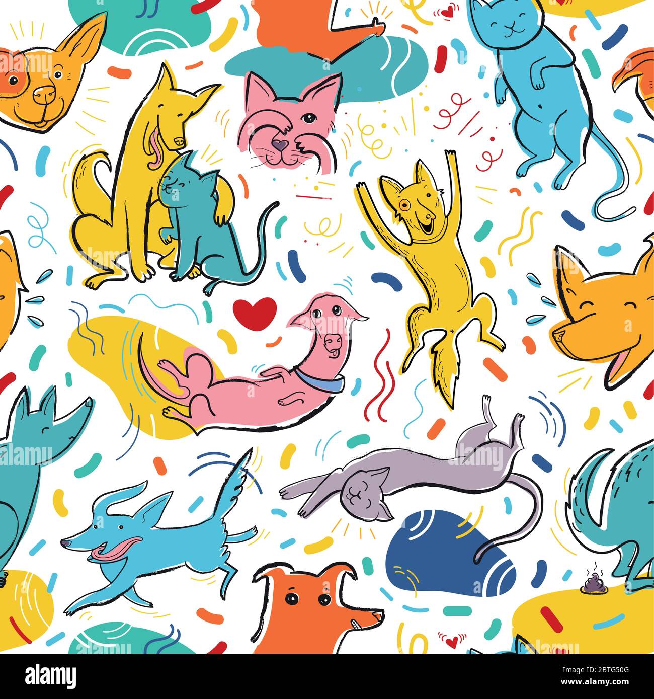 Motif vectoriel sans couture avec chats et chiens de couleur mignons dans différentes poses et émotions, meilleurs amis Illustration de Vecteur