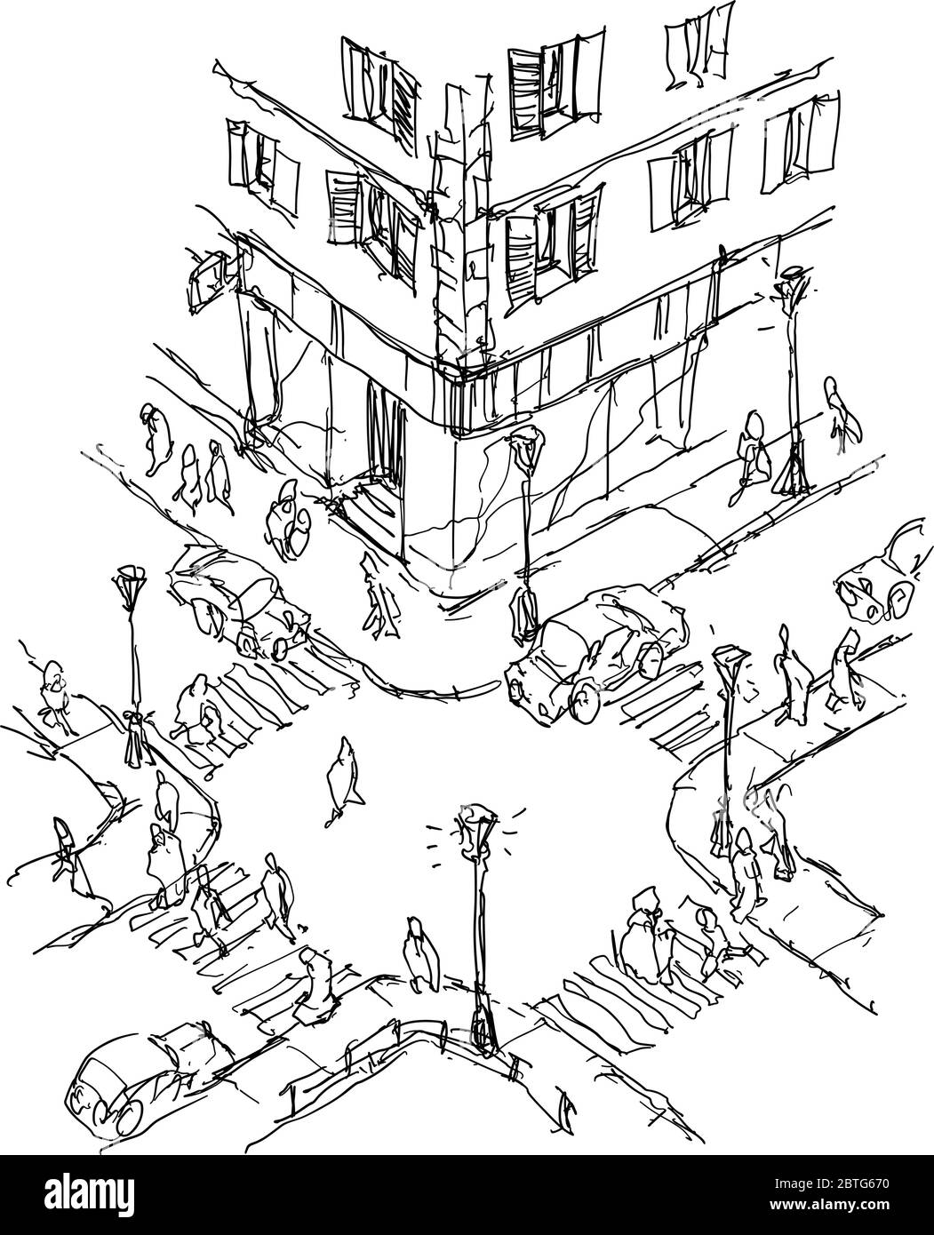 croquis architectural dessiné à la main du carrefour urbain avec des voitures et des personnes marchant sur le trottoir Illustration de Vecteur