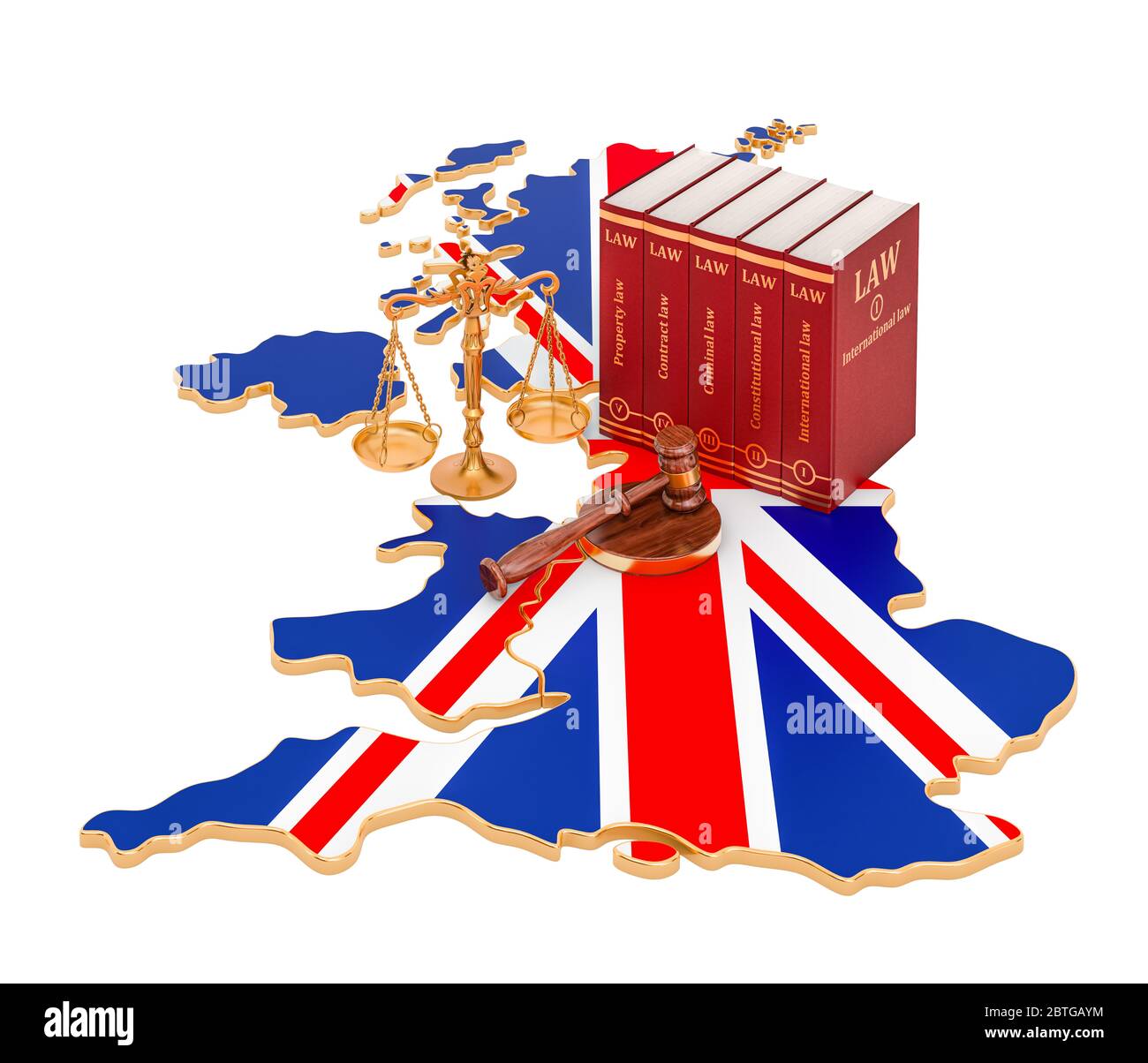 Droit et justice au Royaume-Uni concept, rendu 3D isolé sur fond blanc Banque D'Images