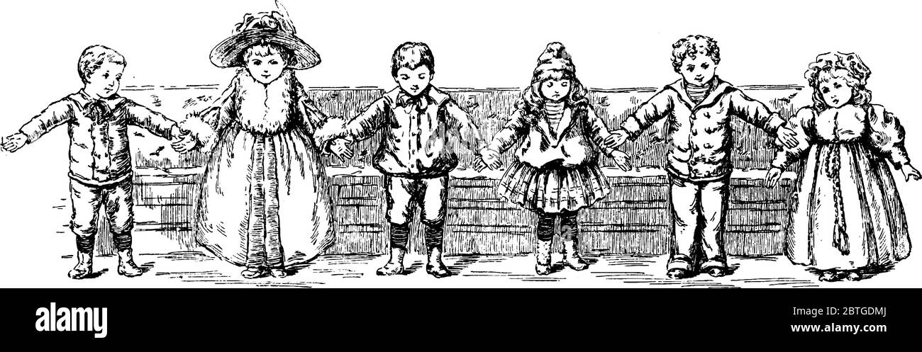 Peu de petits garçons et de filles tenant les mains ensemble, vintage dessin de ligne ou illustration de gravure Illustration de Vecteur