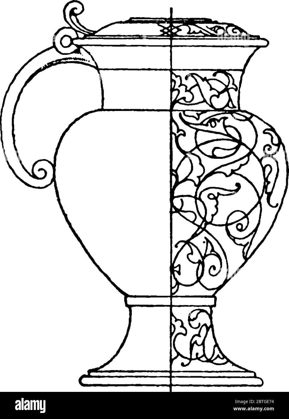 Ce Pitcher allemand à bec à lèvres est un ancien design. Le compartiment rond de la moitié du corps est merveilleusement orné de figures, dessin de ligne vintage Illustration de Vecteur