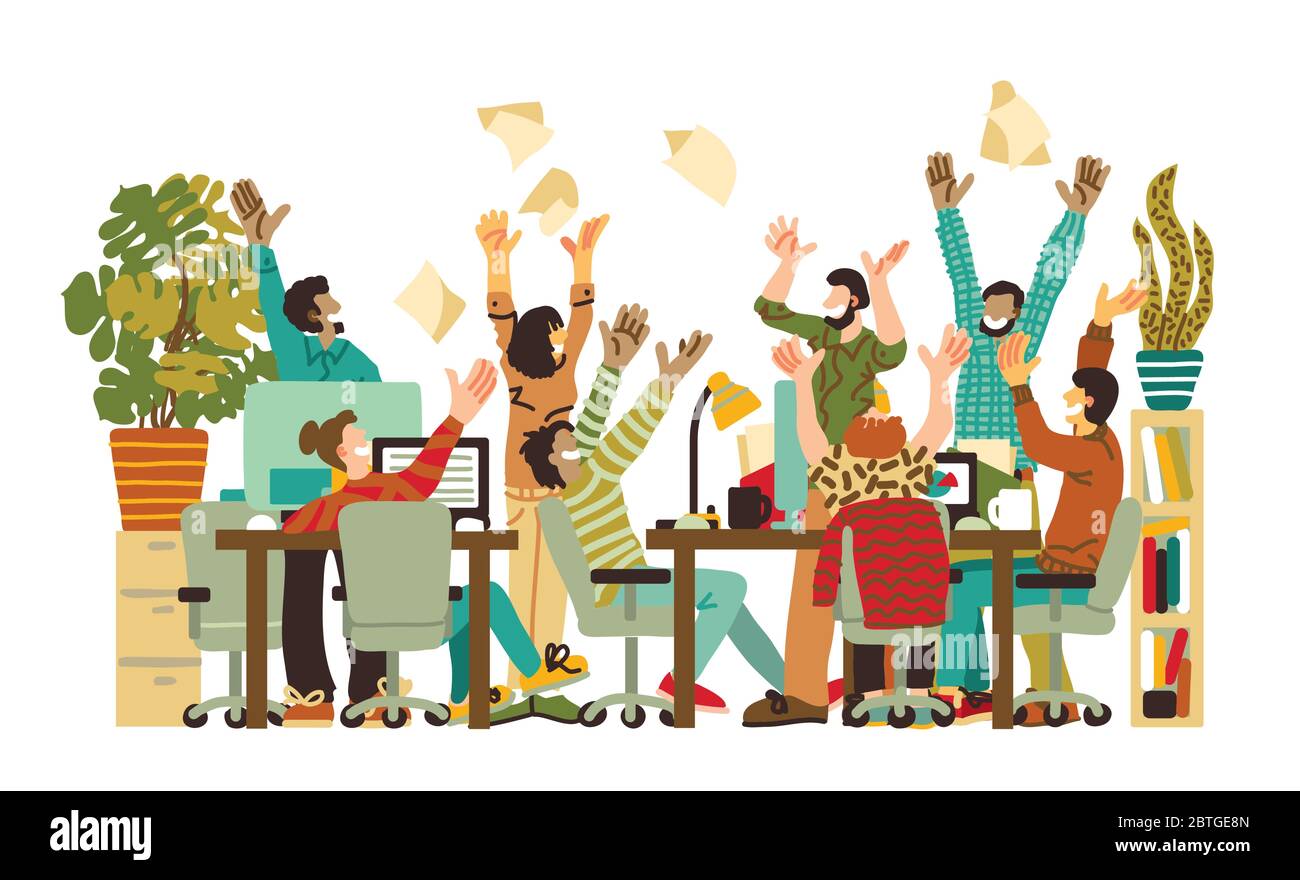 Différentes personnes heureuses au bureau sur blanc Illustration de Vecteur