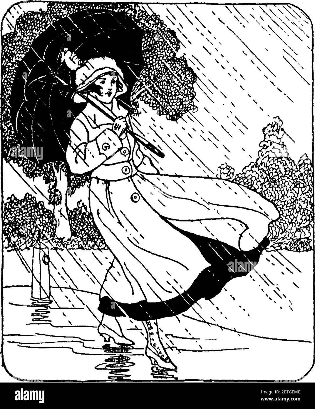 Figure montrant une femme marchant dans un vent fort et une pluie lourde tenant parapluie pour se protéger de la pluie, vintage dessin de ligne ou de gravure illustrae Illustration de Vecteur