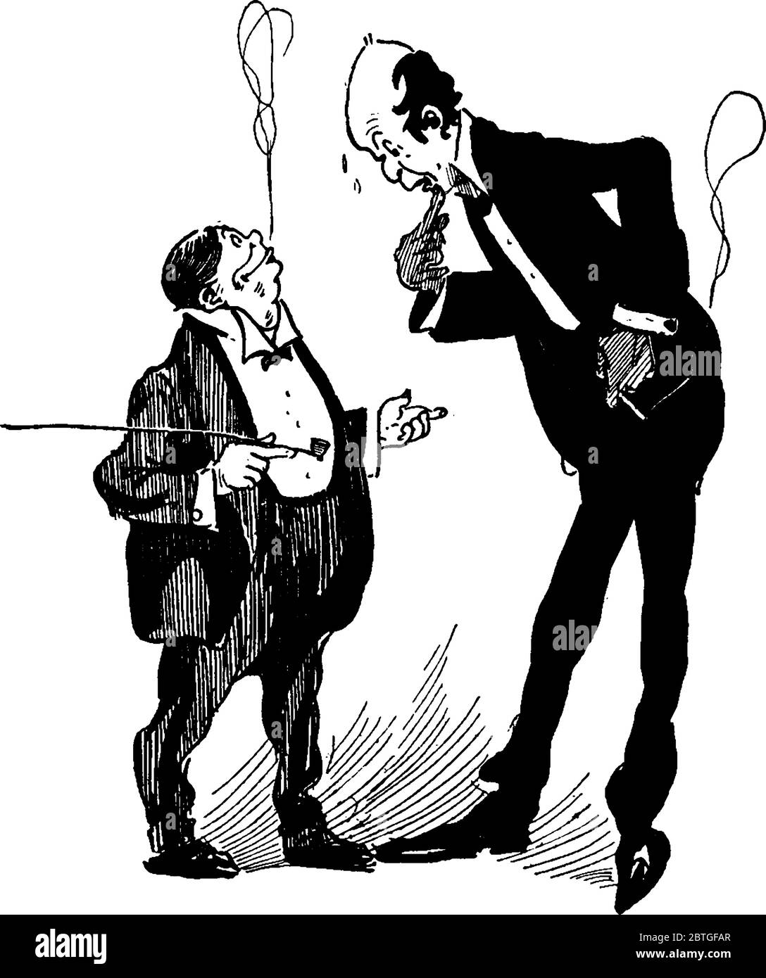 Deux messieurs de hauteurs différentes se faisant face l'un à l'autre, dessin de ligne vintage ou illustration de gravure. Illustration de Vecteur