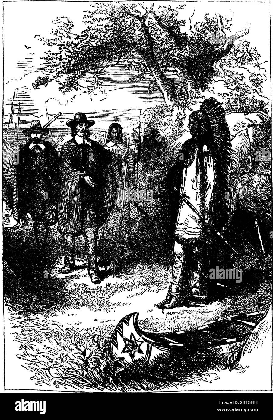 La relation des pèlerins et des Indiens d'Amérique. Les pèlerins sont environ 100 personnes à la recherche de la liberté religieuse, naviguer d'Angleterre sur le mayflower en septembre Illustration de Vecteur