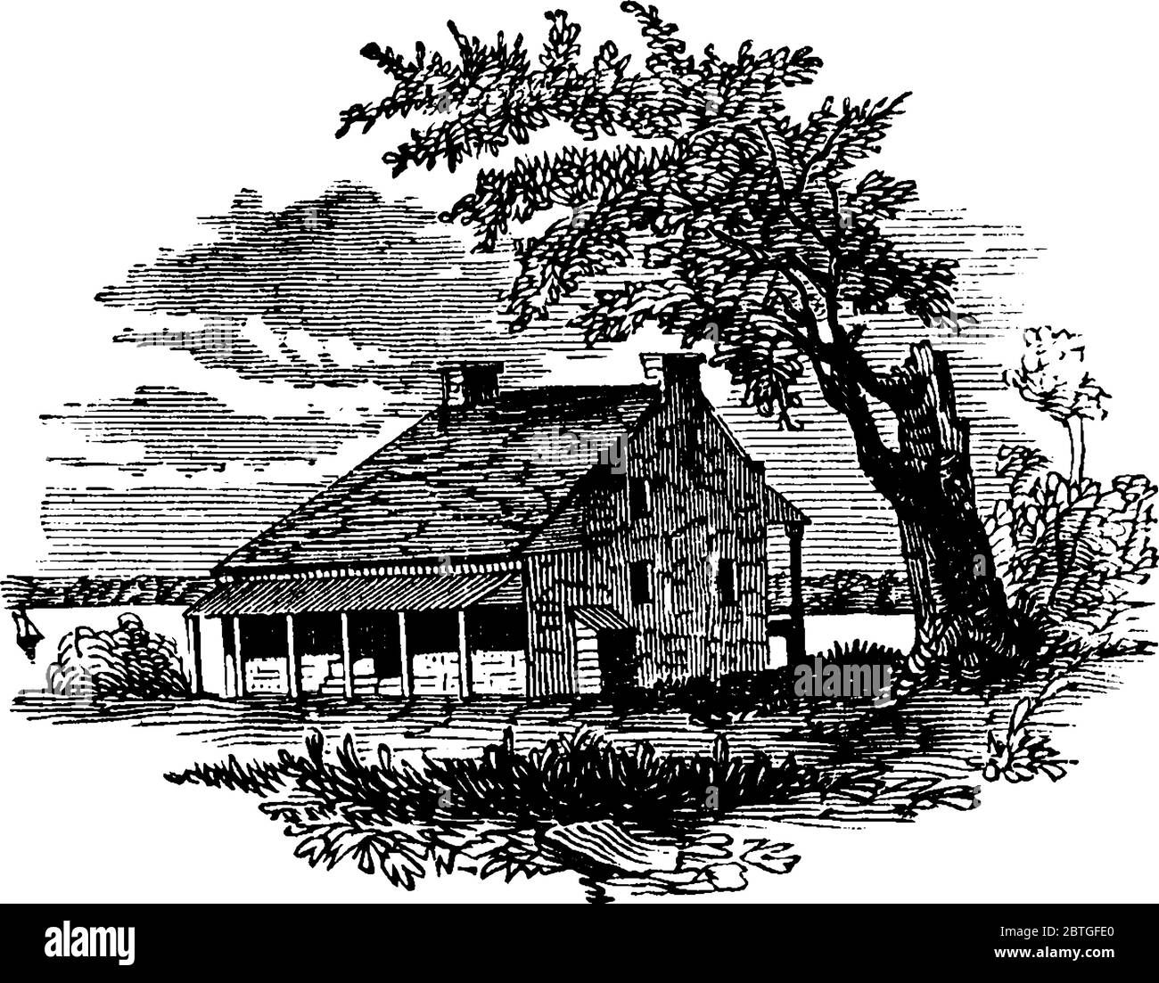 La maison du capitaine Christopher Billip, entourée d'arbres et de plantes, a été construite avant 1680 et située près de la pointe sud de l'État de New York Illustration de Vecteur
