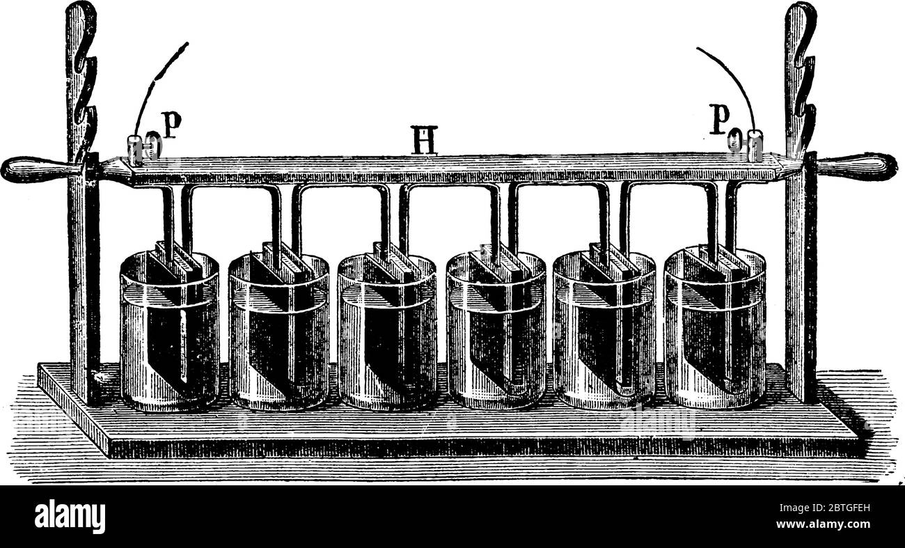 Dans la batterie de Wollaston, la boîte en bois a été remplacée par un récipient en faïence, et une plaque en cuivre a été courbée en U, avec une seule plaque de zin Illustration de Vecteur