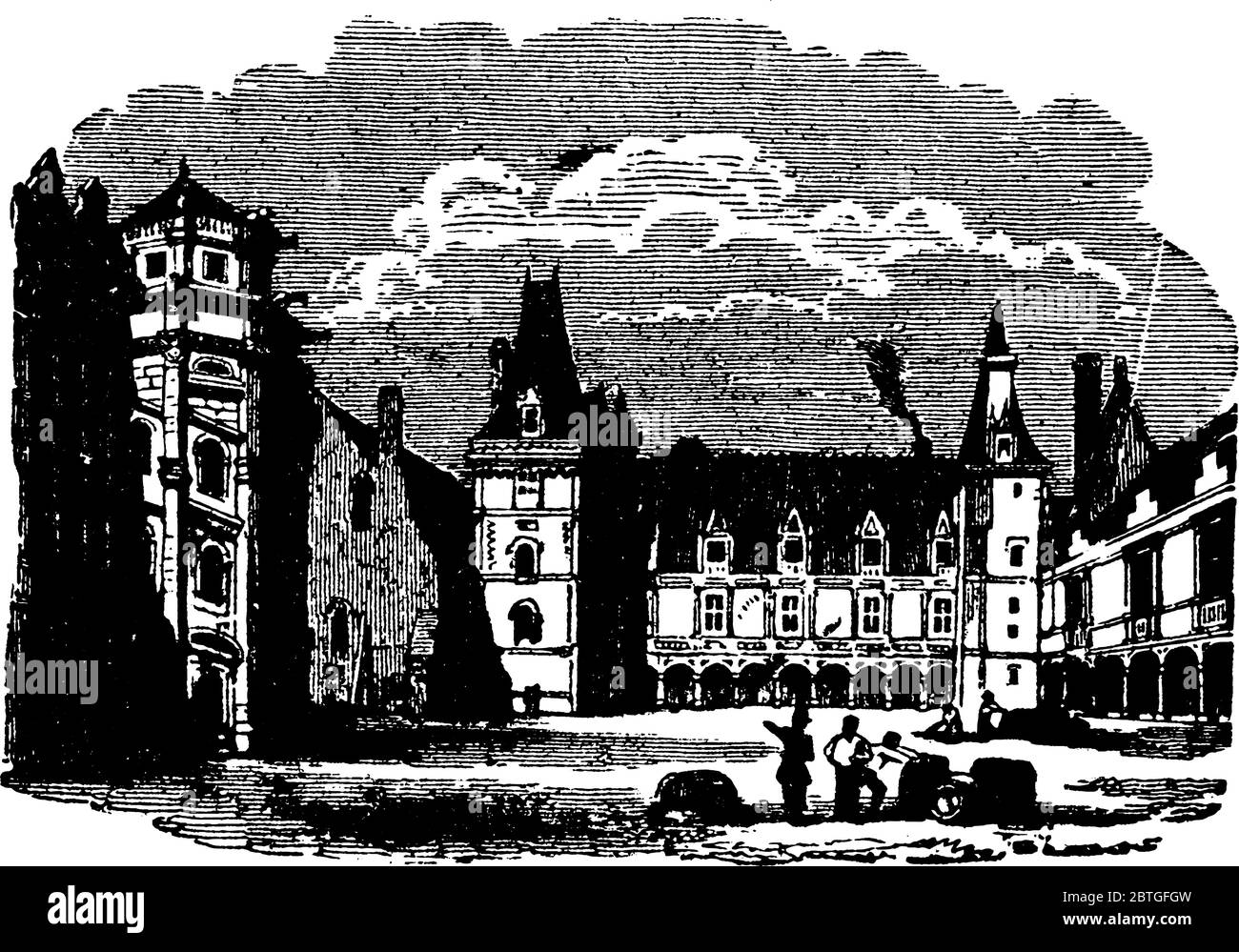 Schématique montre le château royal de Blois, c'est l'un des monuments les plus prestigieux de la Renaissance en France, dessin de ligne d'époque ou gravure illust Illustration de Vecteur