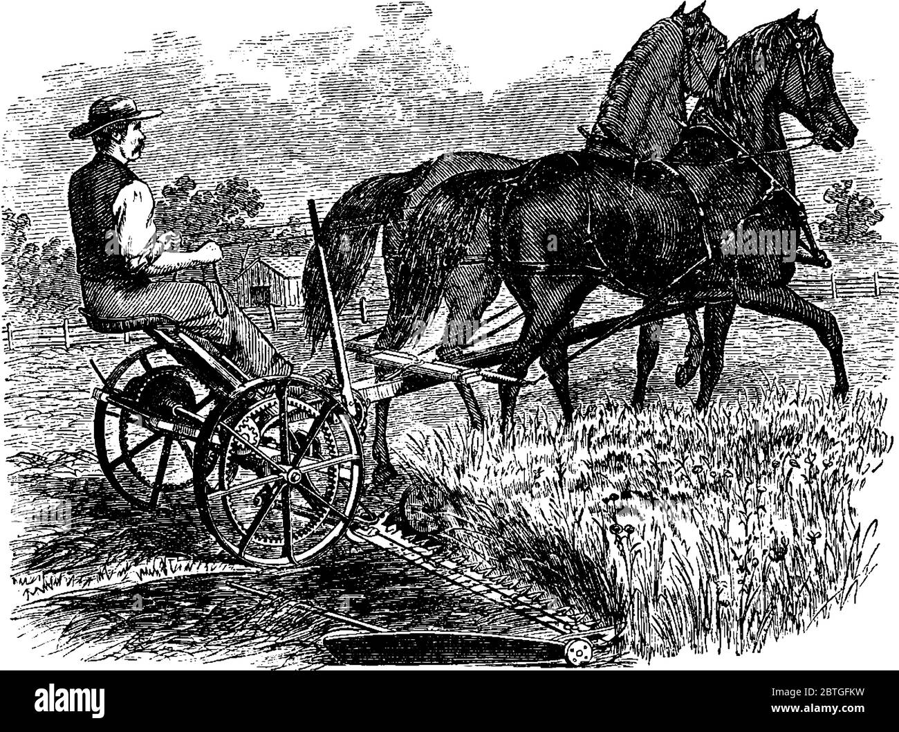 Figure montrant les premières tondeuses à bois sont des machines utilisées dans l'industrie agricole pour couper l'herbe ou les récoltes., dessin de ligne vintage ou gravure illustrati Illustration de Vecteur