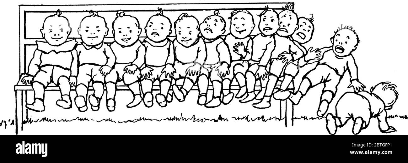 Petits enfants assis sur un banc les enfants du côté droit sont assis très près et un des garçons tombe de la banquette, vintage dessin de ligne ou e Illustration de Vecteur