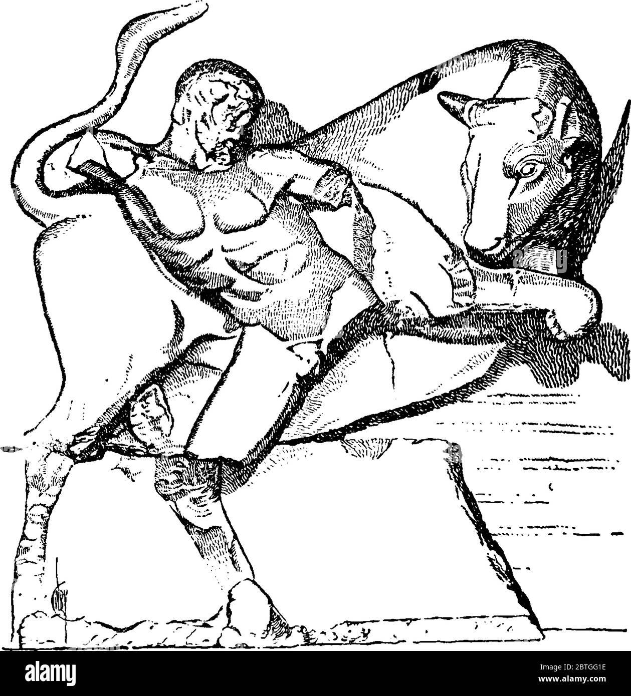 Hercules était le fils de Zeus (équivalent romain de Jupiter) et le mortel Alcmene, dans la mythologie grecque. La photo montre, Hercules avec le Bull, vinta Illustration de Vecteur