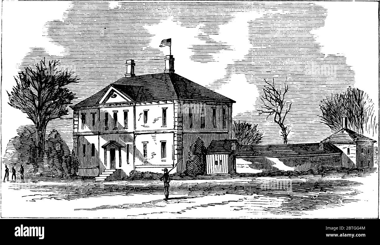 Figure montrant la maison d'Alfred Burnard pendant la guerre civile américaine, le soldat syndical prend la maison., dessin de ligne vintage ou gravure illustrat Illustration de Vecteur