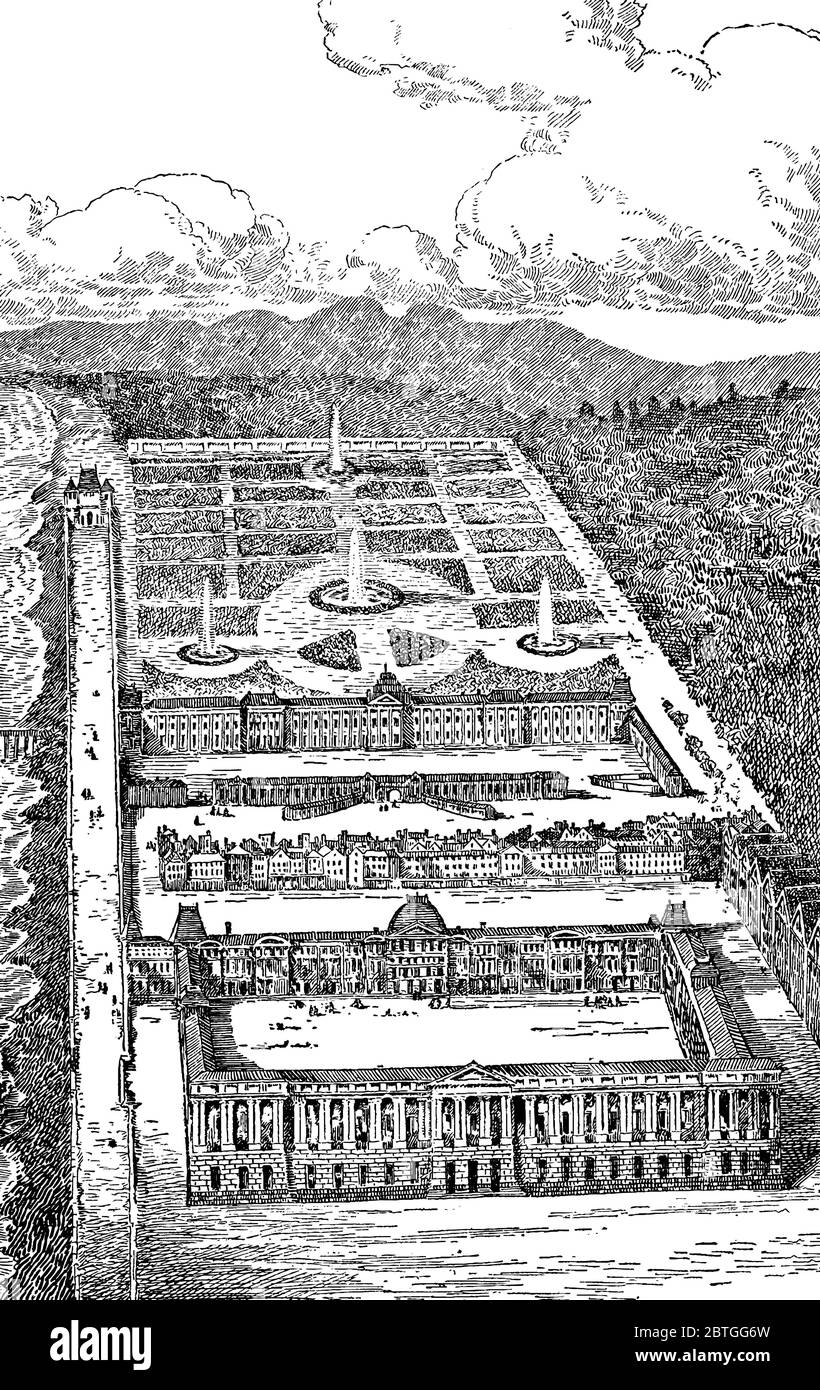 L'immense palais du Louvre, qui a de petites fenêtres multiples, a été brûlé en 1879, dessin de ligne vintage ou illustration de gravure. Illustration de Vecteur