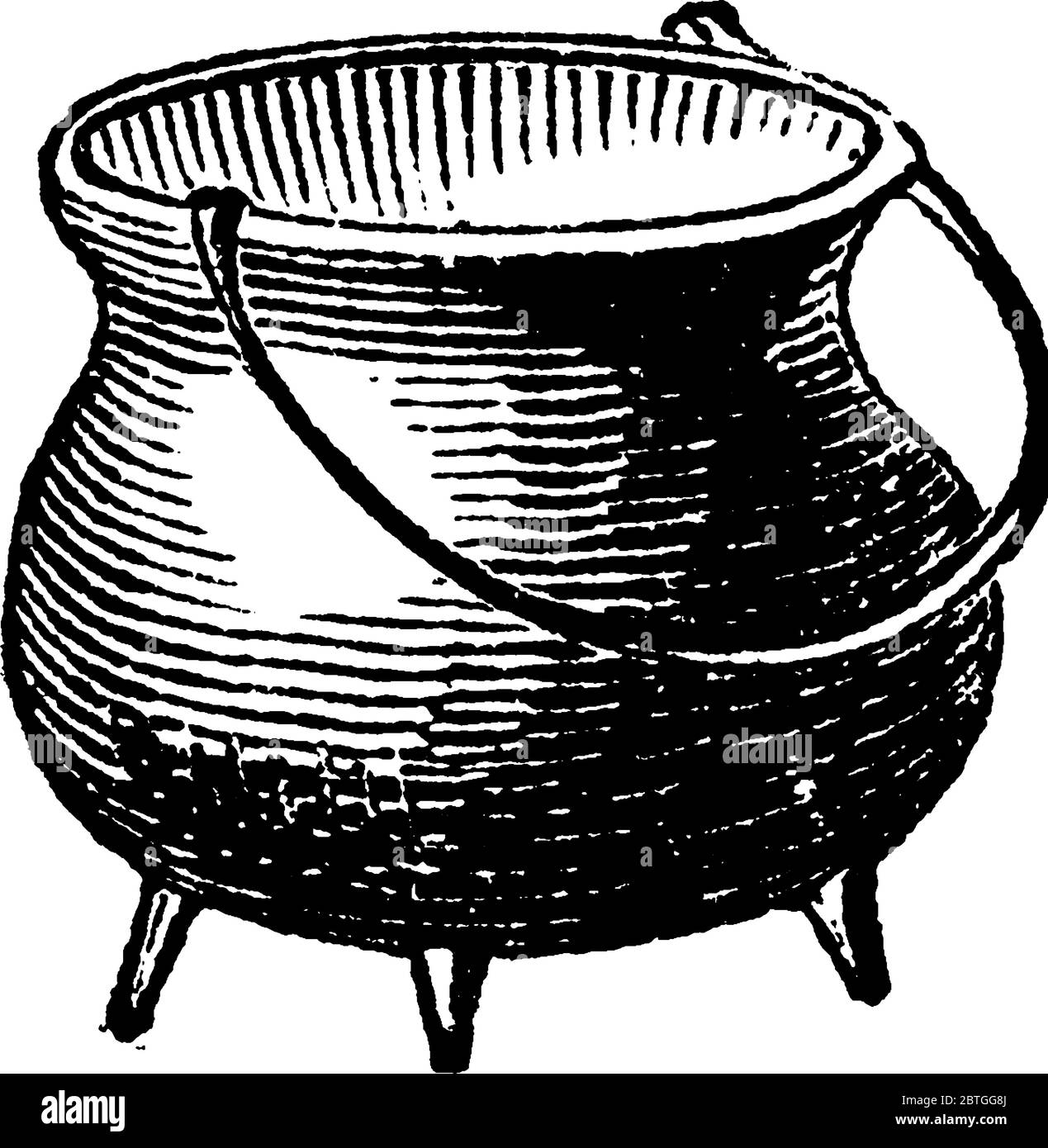 Pot, un récipient arrondi avec quatre pieds en métal, utilisé pour la cuisson., dessin de ligne vintage ou illustration de gravure. Illustration de Vecteur