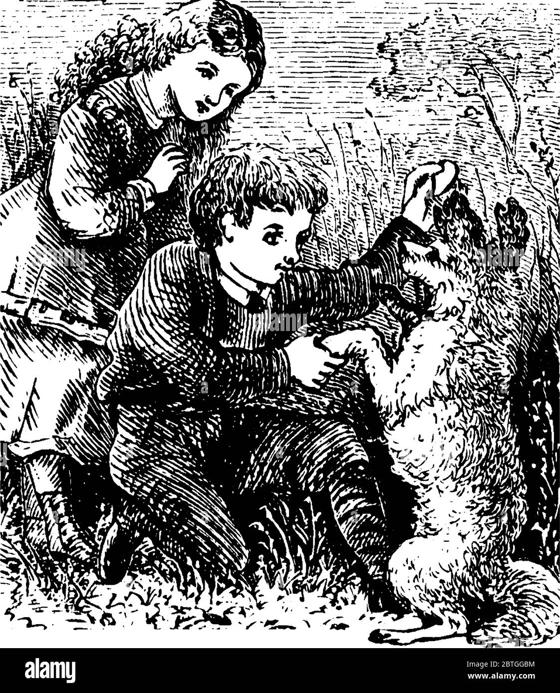 Un garçon et une fille debout près des récoltes et jouant avec le chien, dessin de ligne vintage ou illustration de gravure. Illustration de Vecteur