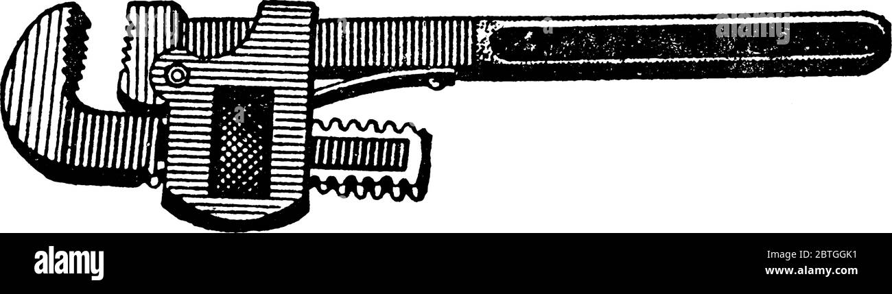Outil réglable utilisé pour tourner les tuyaux en fer souple et le montage avec une surface arrondie, un dessin de ligne vintage ou une illustration de gravure. Illustration de Vecteur