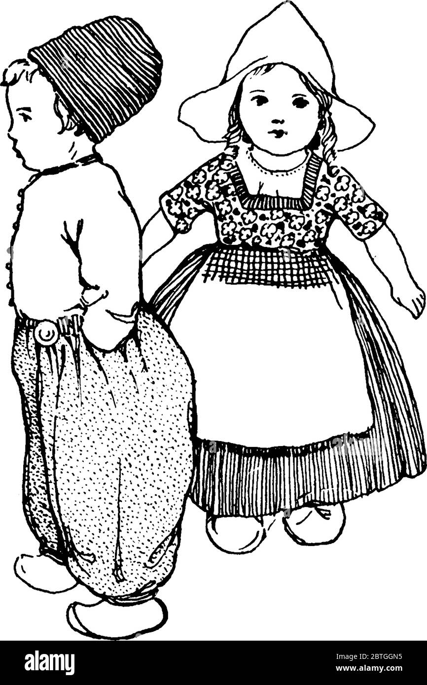 Un garçon et une fille hollandais debout dans sa robe traditionnelle, dessin de ligne vintage ou illustration de gravure. Illustration de Vecteur