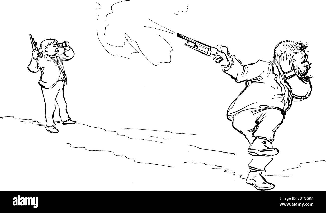 Caricature drôle de colonel Watterson tir et face à l'écart de l'arme, et une personne debout derrière lui regardant dans des spylshes, ligne vintage dessiner Illustration de Vecteur