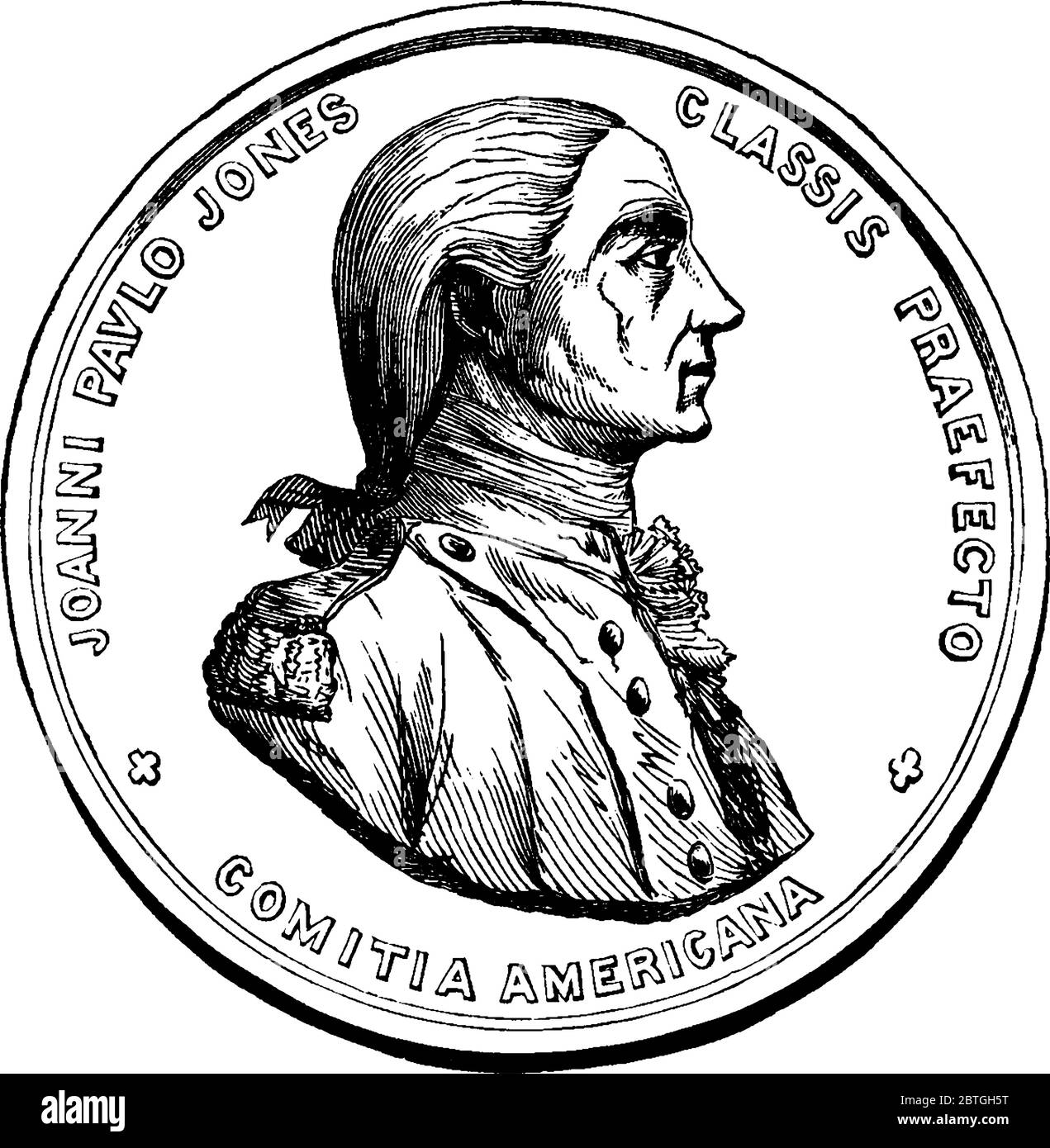 Médaille d'or gravée avec des écrits et une image de pirates, décernée au premier combattant naval bien connu des États-Unis, John Paul Jones, dans le Revoluti américain Illustration de Vecteur