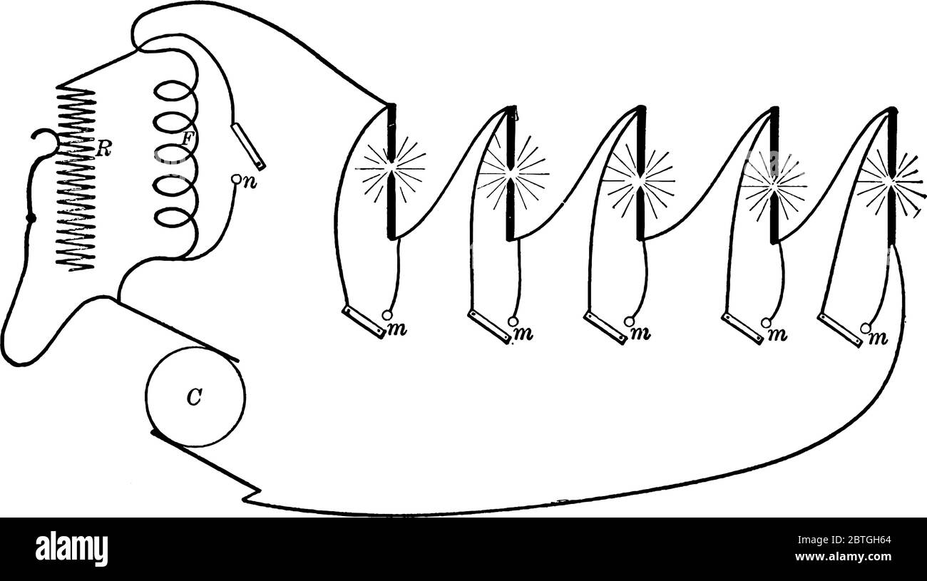 Lampes à arc en série, montrant, lorsque le nombre de lampes est augmenté, la tension de la dynamo est augmentée de façon correspondante, le dessin de ligne vintage ou e Illustration de Vecteur