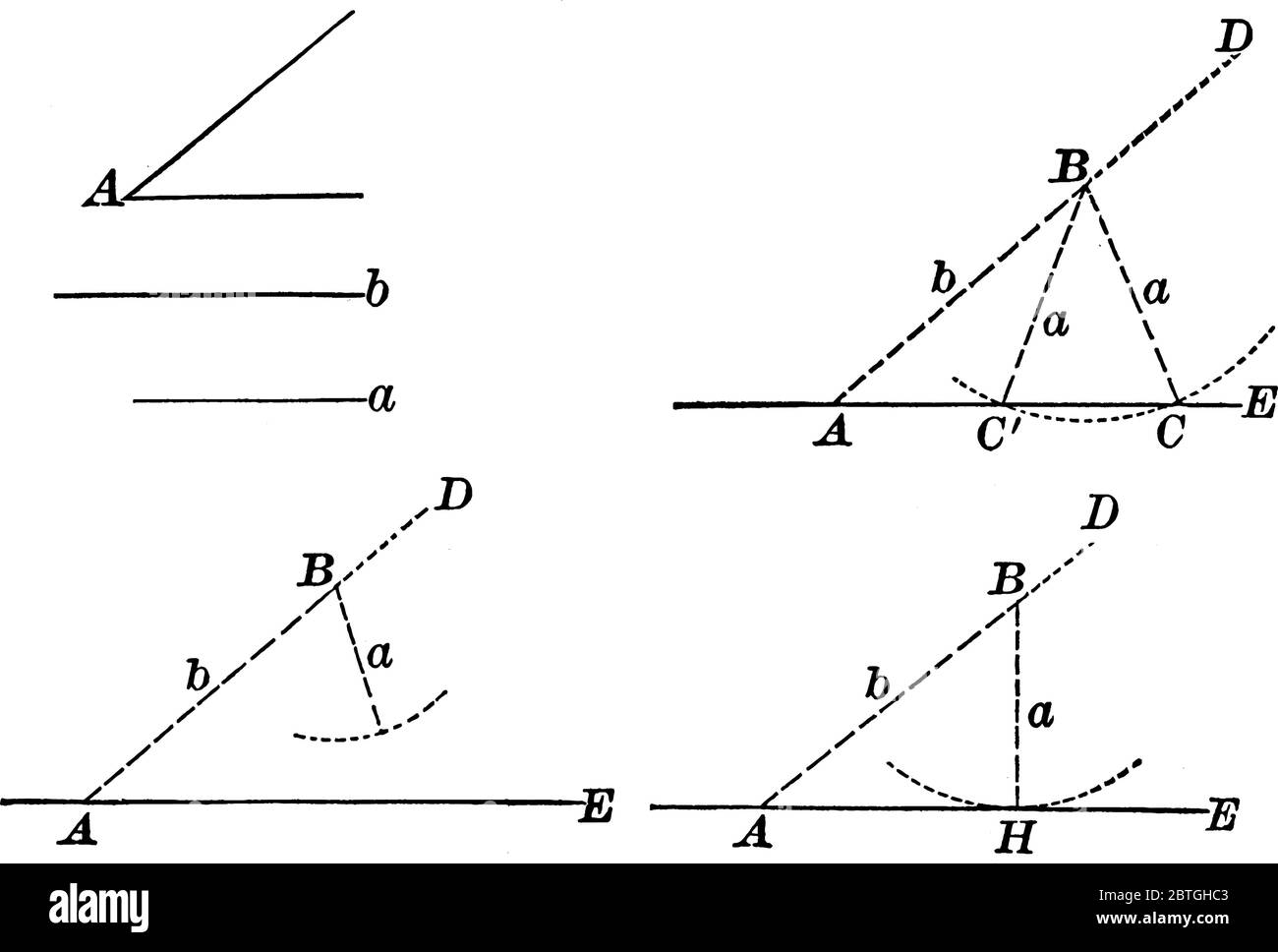 Deux côtés du triangle b, a et un angle sont donnés pour la construction du triangle, le dessin de ligne vintage ou l'illustration de gravure. Illustration de Vecteur