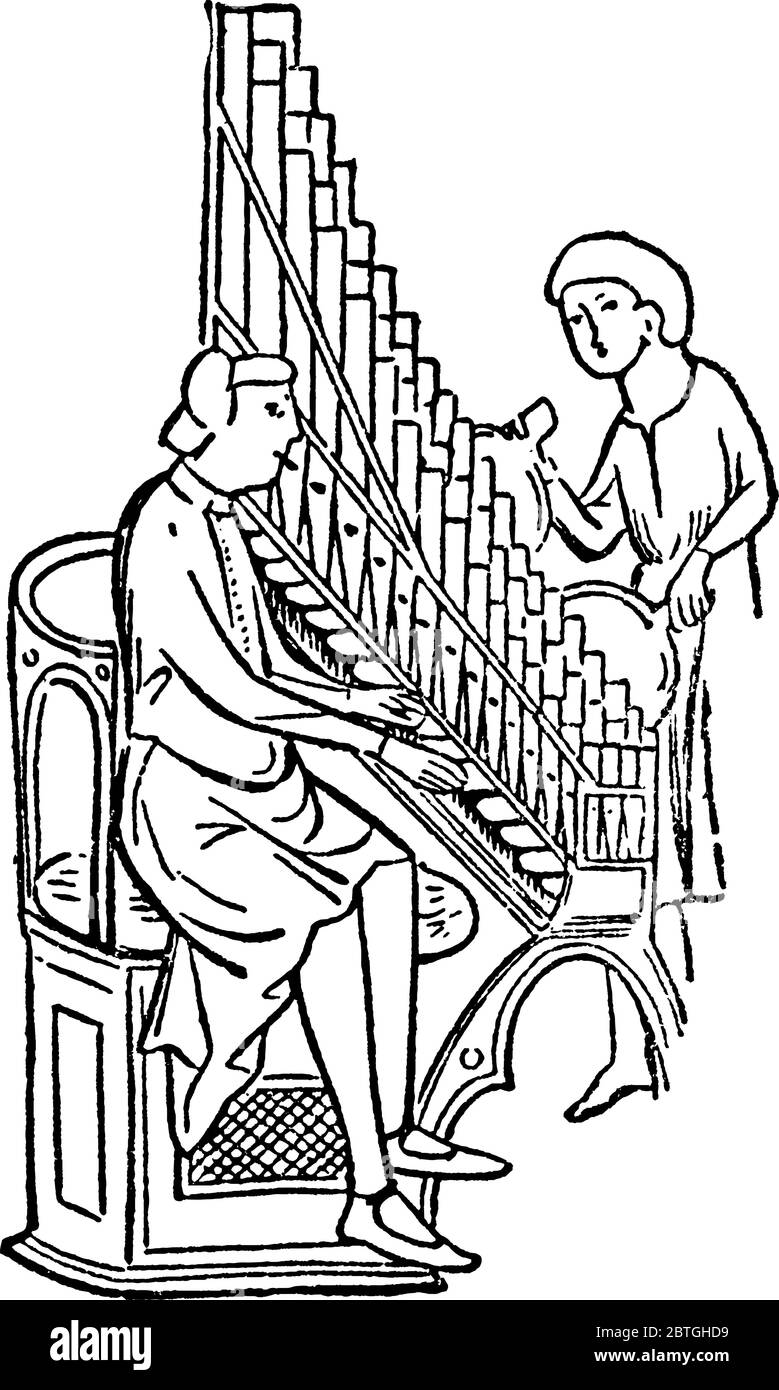 Deux hommes jouant l'orgue, gravure, dessin de ligne vintage ou illustration de gravure. Illustration de Vecteur