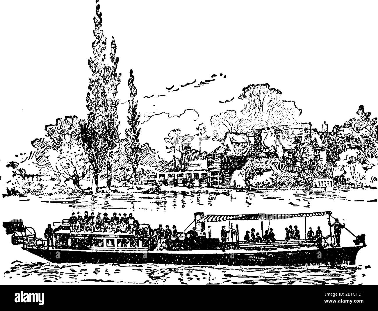 Bateau à vapeur utilisé pour le transport de personnes et de marchandises d'un endroit à un autre, dessin de ligne vintage ou illustration de gravure. Illustration de Vecteur