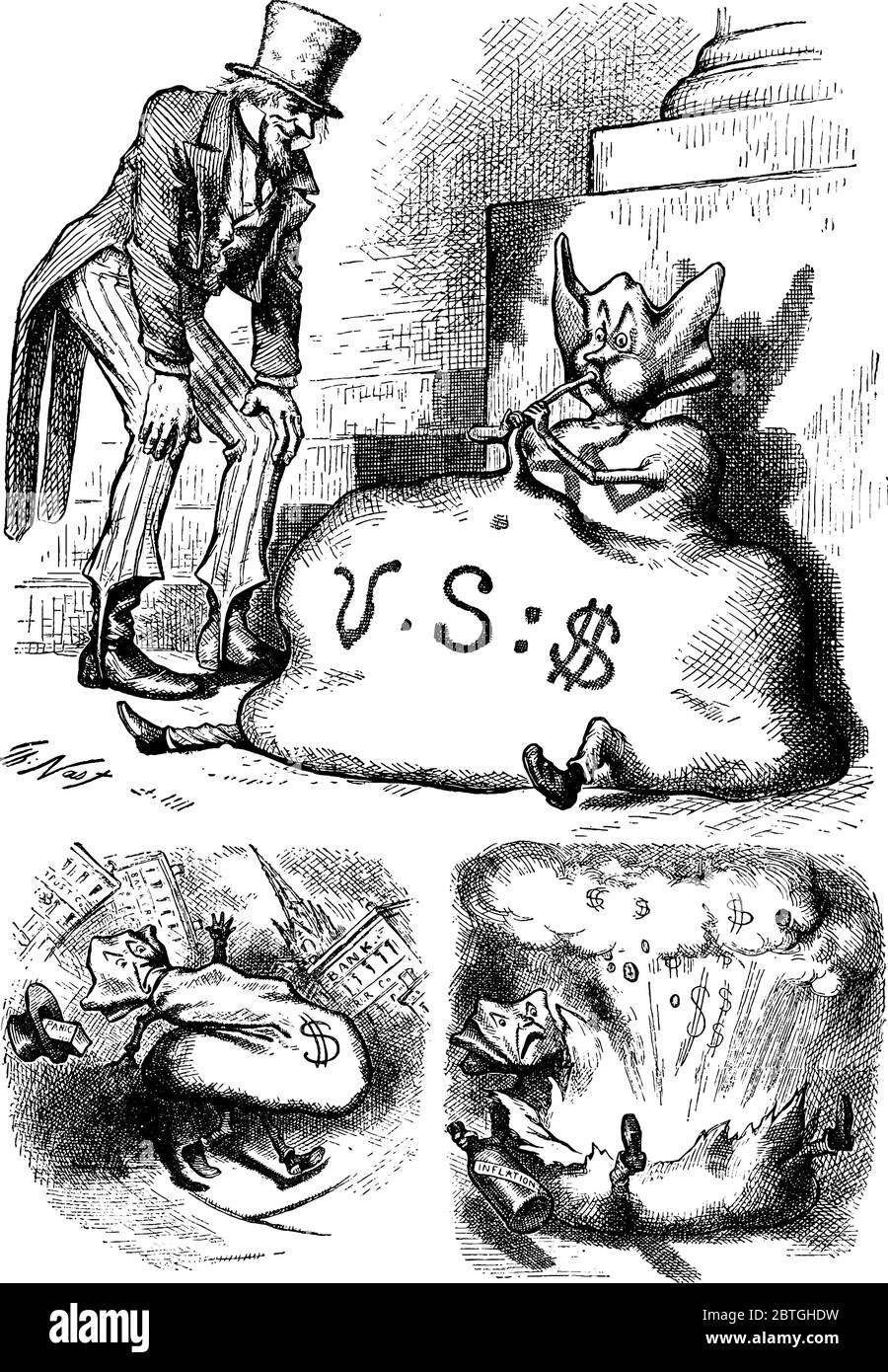 Caricature de Thomas Nast dépeint, bande dessinée soufflant son ventre par l'argent et un homme portant le costume est debout à côté de lui et regardant, ligne vintage dessin Illustration de Vecteur