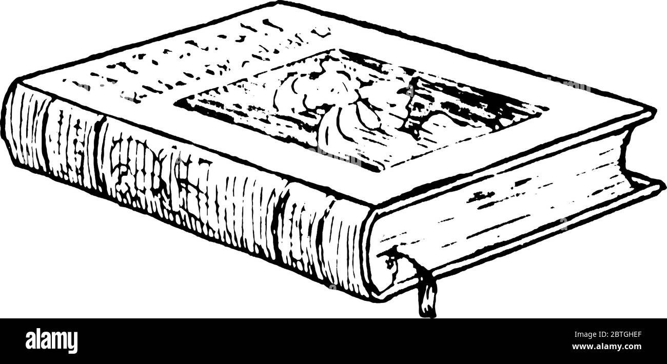 L'image représente un livre fermé avec un signet posé sur une table. Il a  quelques écrits et dessins sur la page de couverture, le dessin de ligne  vintage ou le gravi Image