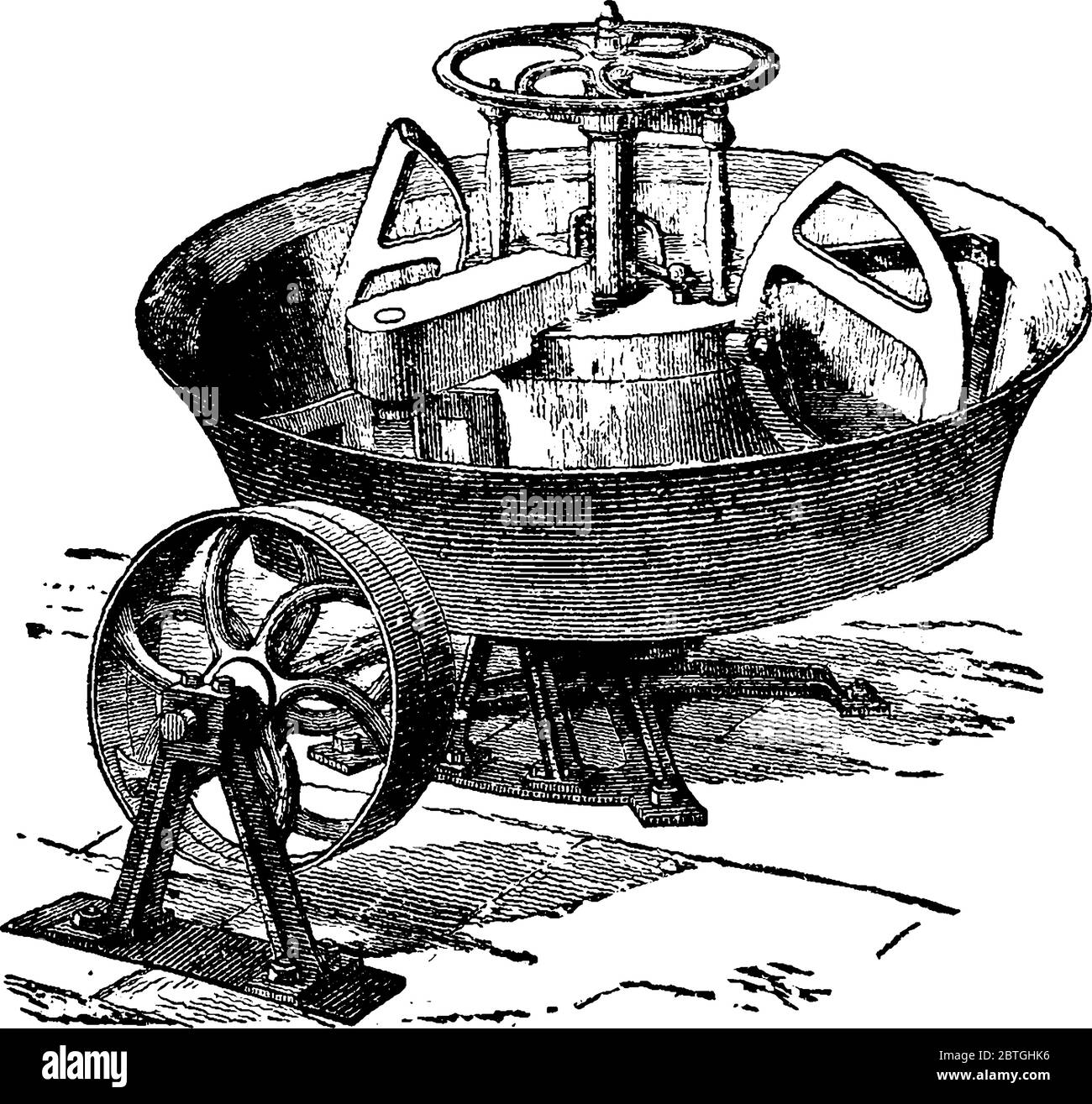 La gouttière est un bassin en fonte, qui tourne sur un axe vertical. L'intérieur est fourni avec un pétrin, en forme de lyre, travaille sur la pâte et Illustration de Vecteur