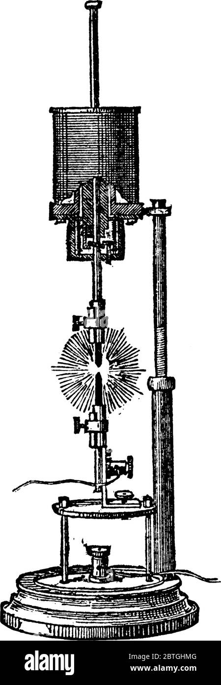 Une lampe à arc électrique de Brush Electric Company, produit de la lumière par un arc électrique ou photovoltaïque, un dessin de ligne d'époque ou une illustration de gravure. Illustration de Vecteur