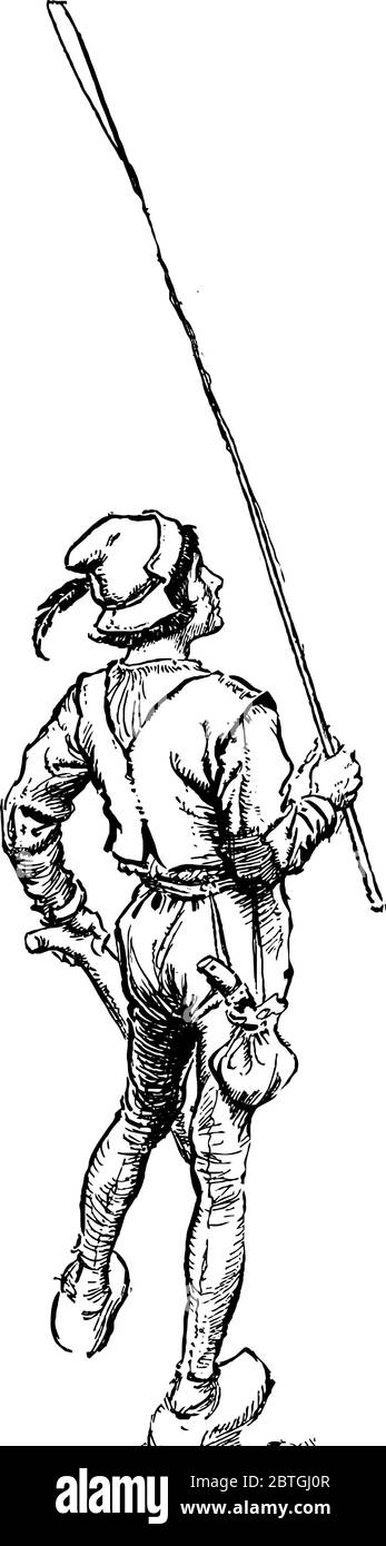 La photo représente un petit garçon paysan avec une plume dans sa casquette tenant un bâton, un dessin de ligne vintage ou une illustration de gravure. Illustration de Vecteur