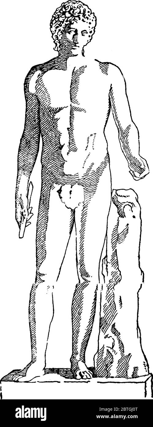 Une représentation typique de, Apollo au Vatican, une sculpture faite entre 350 et 325 av. J.-C. par le sculpteur grec Leochares, dessin de ligne vintage ou e Illustration de Vecteur