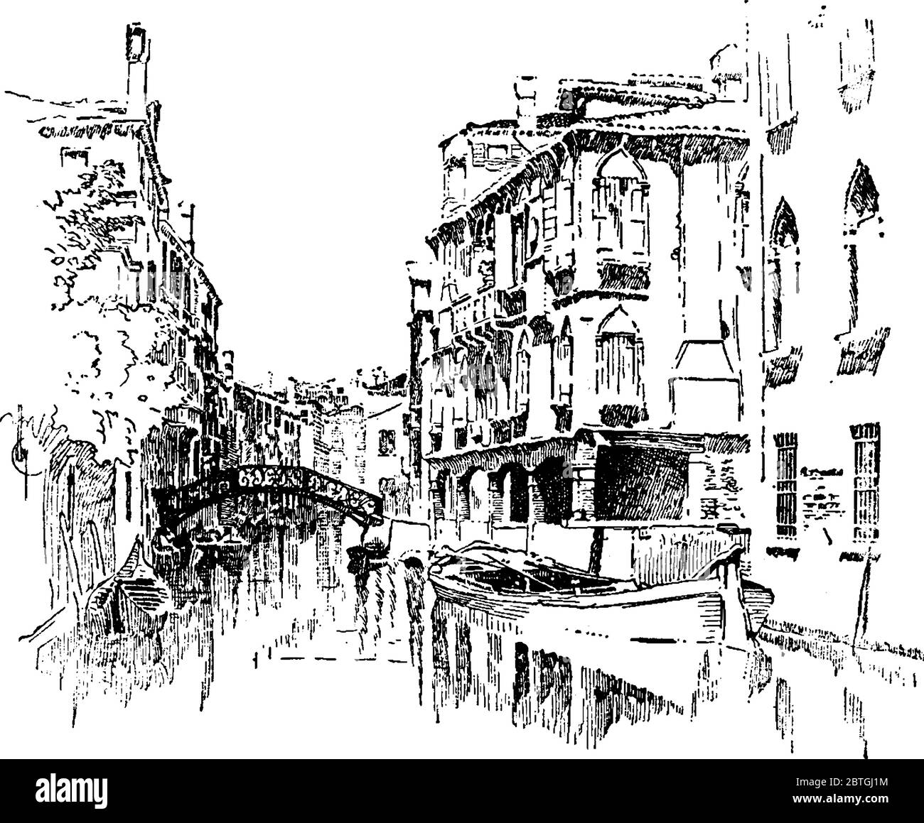 Canal à Venise entouré de bâtiments, Italie, dessin de ligne d'époque ou illustration de gravure. Illustration de Vecteur