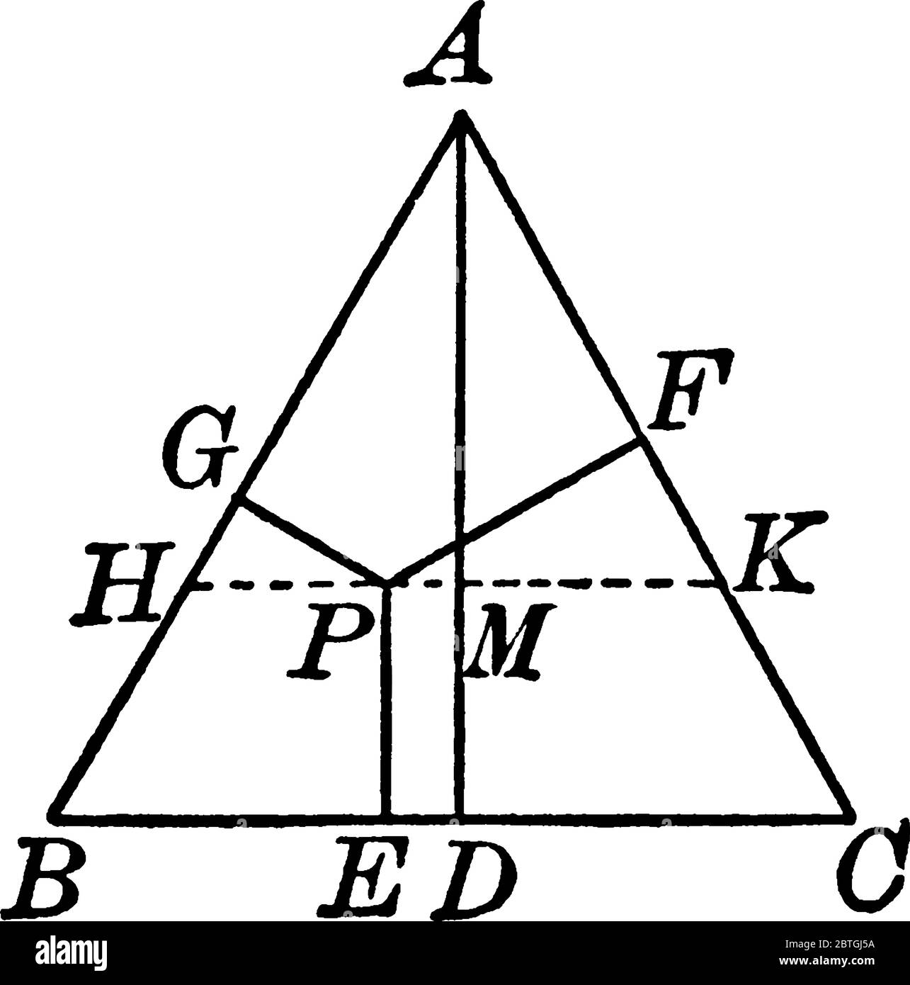 Construction de triangle équilatéral avec des sommets ABC et hauteur AD, dessin de ligne vintage ou illustration de gravure. Illustration de Vecteur