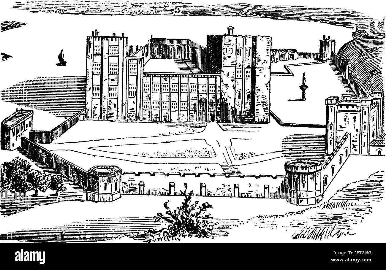 Vue de face du château de Kenilworth, dessin de ligne vintage ou illustration de gravure. Illustration de Vecteur