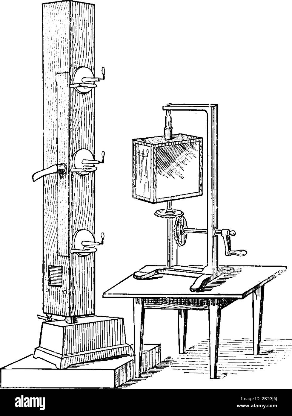 la figure montre un appareil en bois du xviiie siècle appelé appareil de flamme manométrique, utilisé pour l'examen des formes d'onde du son, dessin de ligne vintage ou Illustration de Vecteur