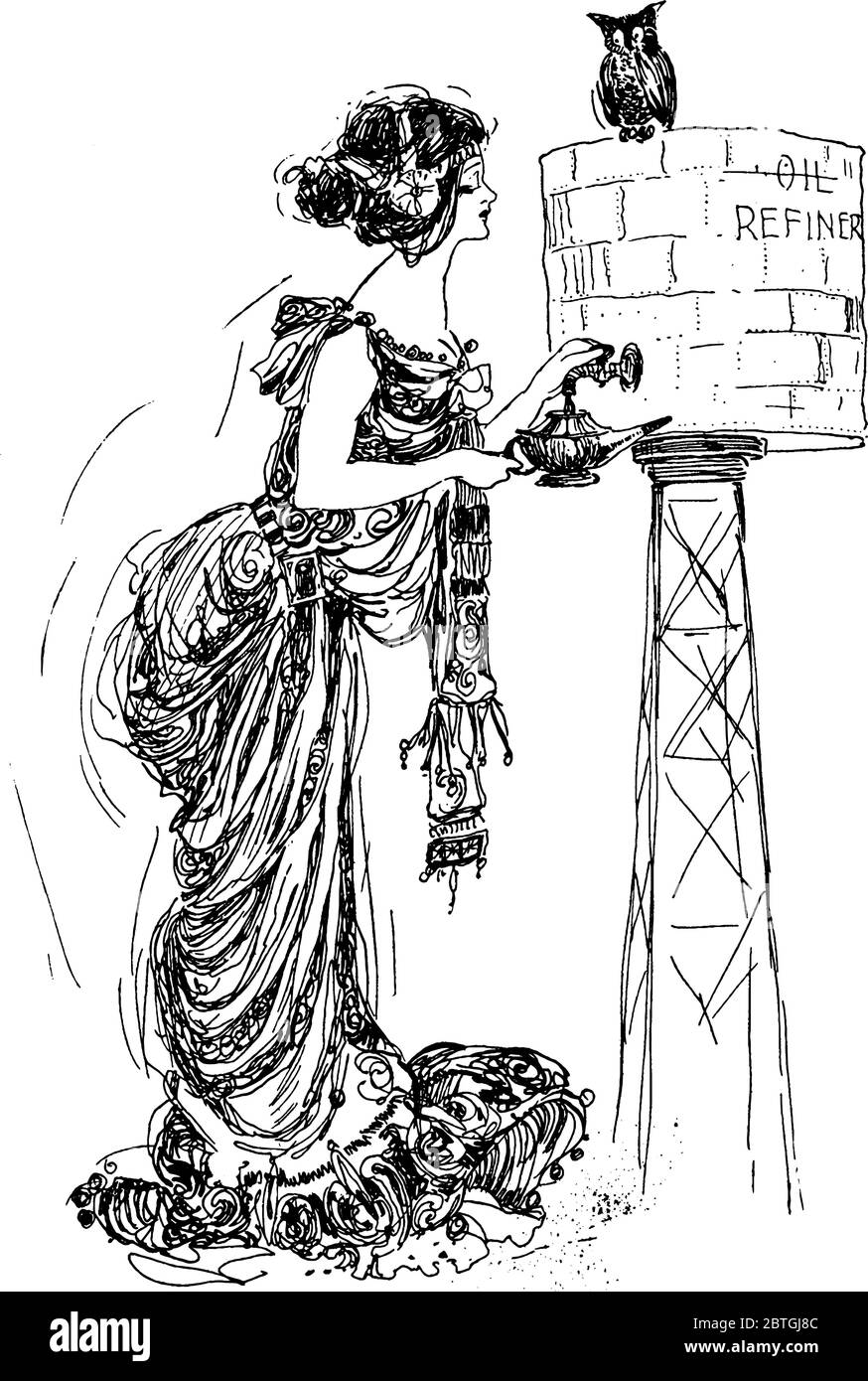 Figure montrant une femme remplissant son glim du réservoir d'huile et un hibou assis sur le réservoir, dessin de ligne vintage ou illustration de gravure. Illustration de Vecteur