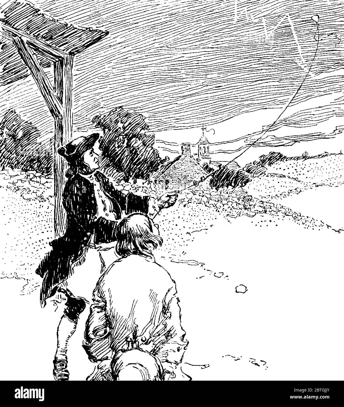 Une représentation typique de Benjamin Franklin, un polymath américain et un des Pères fondateurs des États-Unis, et de ses collègues expérimentant Illustration de Vecteur