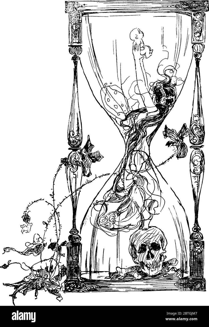 Figure montrant un motif antique de sablier dans lequel une femme debout sur un crâne élevant son bébé, dessin de ligne vintage ou illustration de gravure. Illustration de Vecteur