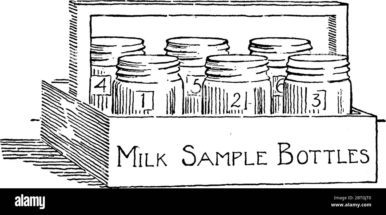Bouteilles de lait utilisées pour transporter des échantillons de lait, dessin de ligne vintage ou illustration de gravure. Illustration de Vecteur