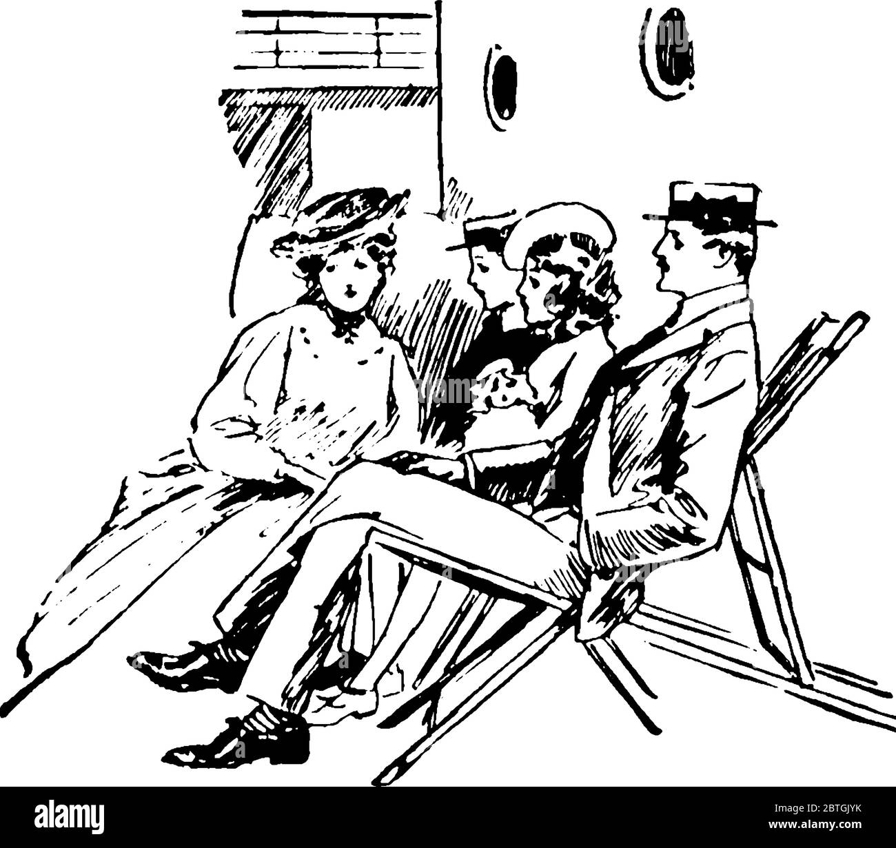 La photo illustre une famille se relaxant sur des chaises longues et parlant entre elle. La plupart portent des chapeaux, des dessins vintage ou engr Illustration de Vecteur