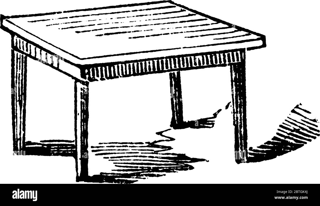Table en bois, meuble avec dessus plat et quatre pattes, dessin ou gravure vintage. Illustration de Vecteur