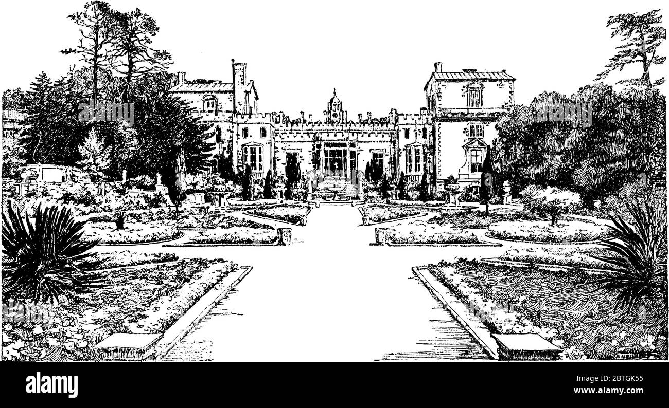 Image montrant le traitement formel ouvert d'un jardin devant un bâtiment, dessin de ligne vintage ou illustration de gravure. Illustration de Vecteur