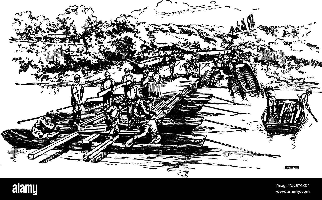 Les hommes de la guerre de Sécession travaillent ensemble pour construire un pont de ponton sur une rivière, dessin de ligne vintage ou illustration de gravure. Illustration de Vecteur