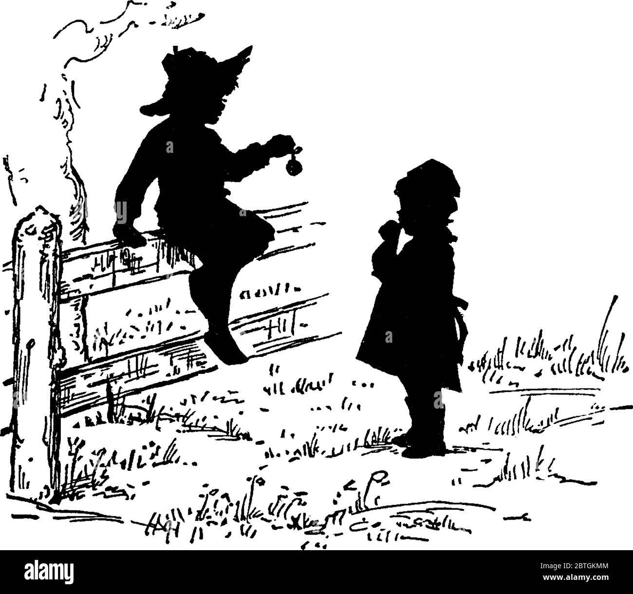 Garçon et fille jouant dans un champ herbacé, et garçon est assis sur une clôture, un dessin de ligne vintage ou une illustration de gravure. Illustration de Vecteur
