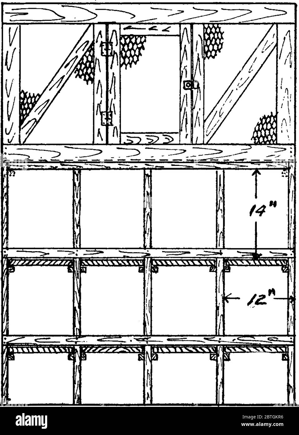 Ce sont des boîtes creuses carrées utilisées pour garder les poules, dessin de ligne vintage ou illustration de gravure. Illustration de Vecteur