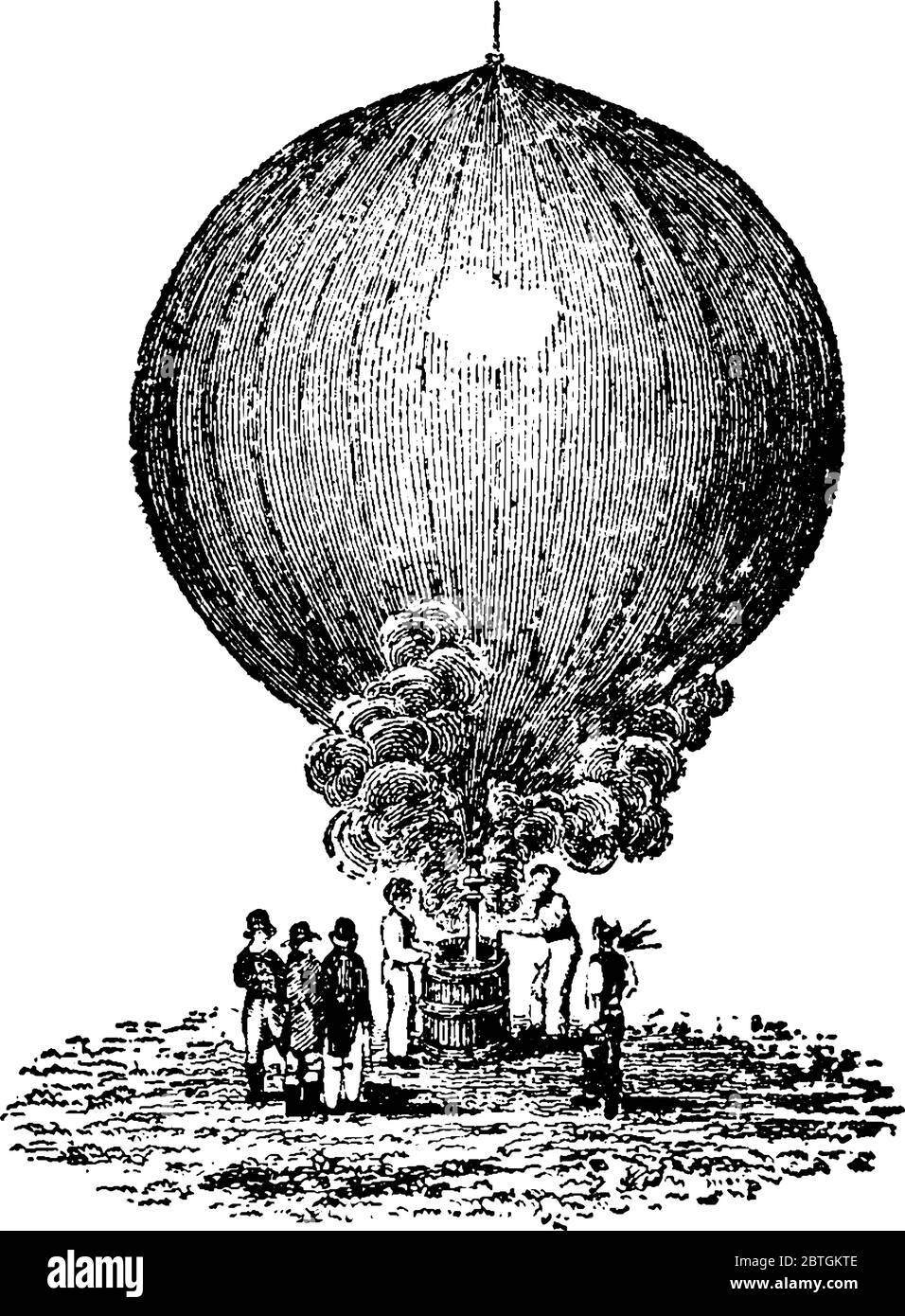 Représentation typique d'un ballon d'air chaud, avion plus léger que l'air, trouvé au sol et entouré d'hommes, dessin de ligne vintage ou gravure Illustration de Vecteur